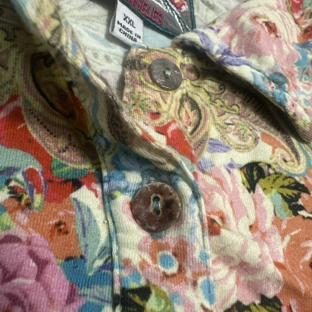 JOHNNY WAS Women Size XXL Rivoray Floral S/S Paisley Polo Tee Shirt Boho Ornate
